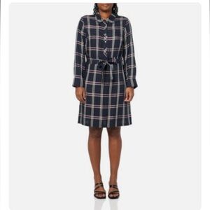 TOMMY HILFIGER NAVY BLUE PLAID BELTED SHIRT DRESS